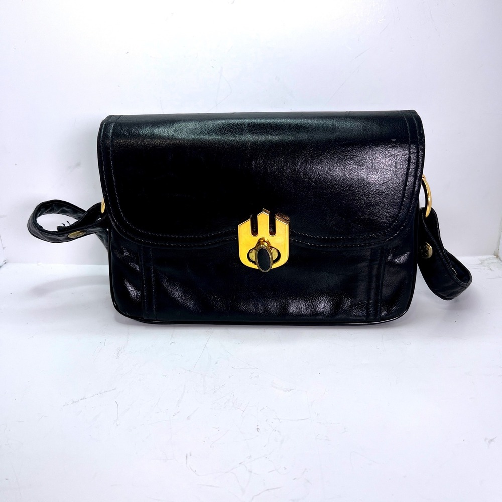Empress Vintage Black Leather Shoulder Bag Gold Hardware Red Lining Mirror Pouch